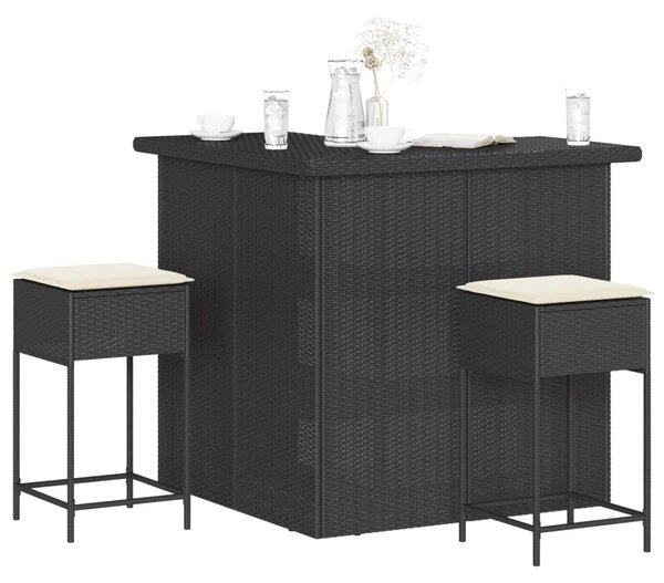 3 részes fekete polyrattan kerti bárszett párnával