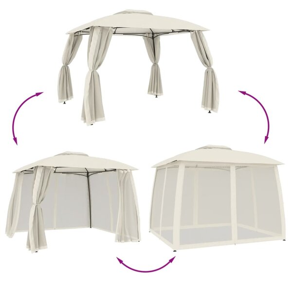 Krémszínű acél dupla tetős pavilon hálós falakkal 2,93 x 2,93 m