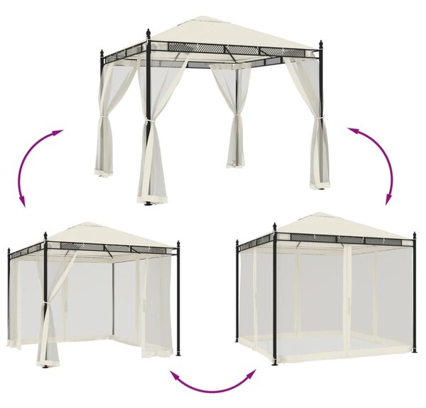Krémszínű acél pavilon hálós oldalakkal 2,93 x 2,93 m