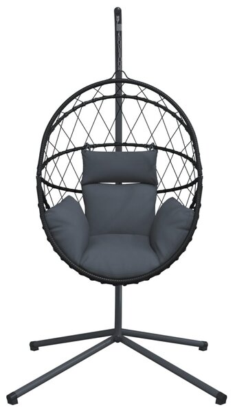 Antracitszürke rattan és acél függő kagylószék állvánnyal