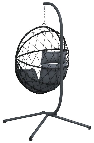 Antracitszürke rattan és acél függő kagylószék állvánnyal