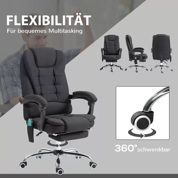 Vinsetto Főnöki szék masszázsfunkcióval, ergonomikus íróasztal szék dönthető és fűthető funkcióval, távirányítóval, fekete