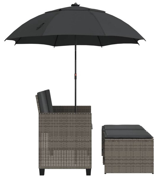 2 személyes szürke polyrattan kerti kanapé napernyővel/székkel
