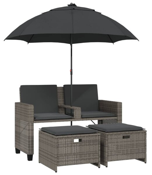 2 személyes szürke polyrattan kerti kanapé napernyővel/székkel