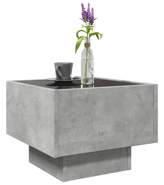 Betonszürke szerelt fa kisasztal LED-del 40 x 40 x 30 cm