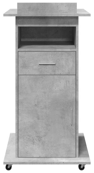 Betonszürke szerelt fa állópult kerékkel és fiókkal 55x55x107cm