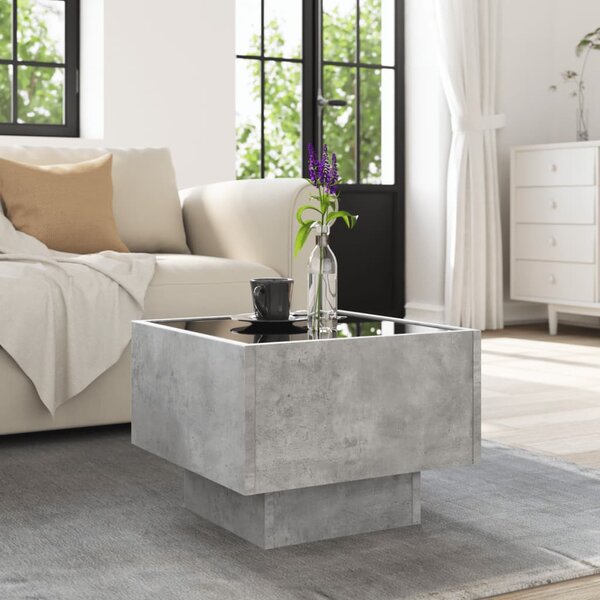 Betonszürke szerelt fa kisasztal LED-del 40 x 40 x 30 cm