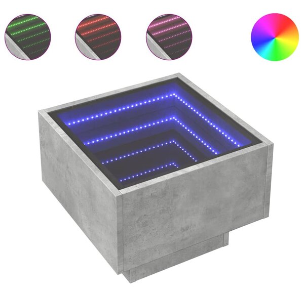 Betonszürke szerelt fa kisasztal LED-del 40 x 40 x 30 cm
