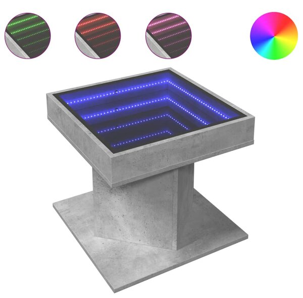 Betonszürke szerelt fa dohányzóasztal LED-del 50 x 50 x 45 cm