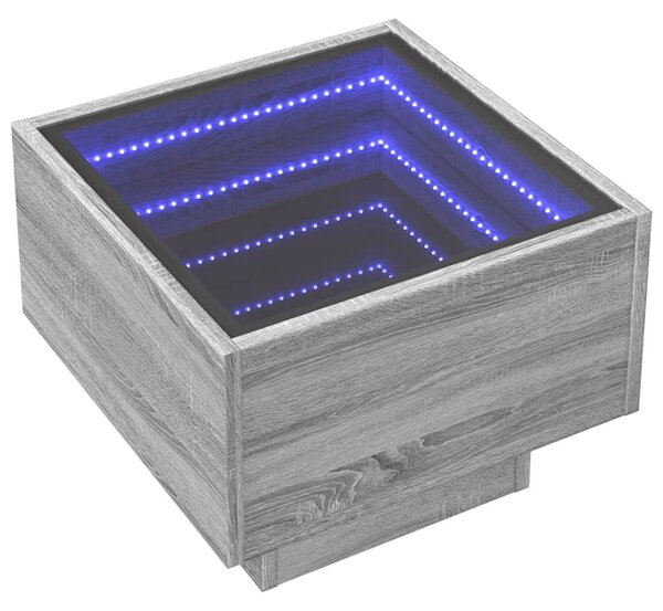 Szürke sonoma színű szerelt fa kisasztal LED-del 40x40x30 cm