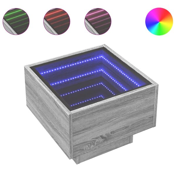 Szürke sonoma színű szerelt fa kisasztal LED-del 40x40x30 cm