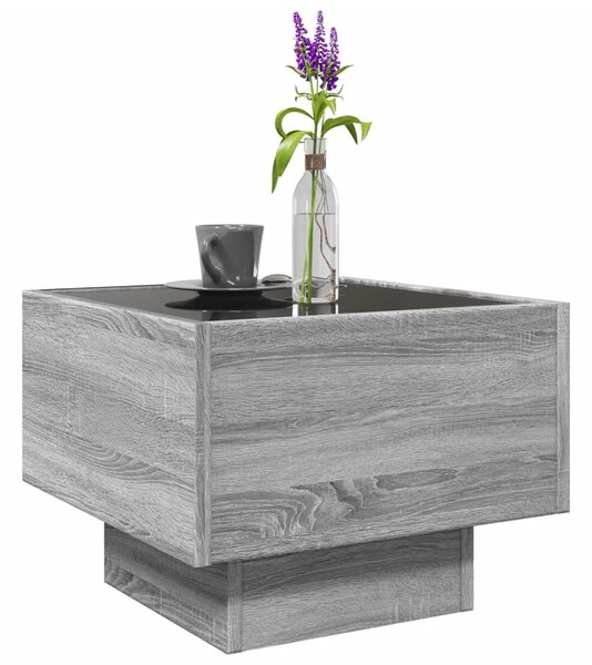 Szürke sonoma színű szerelt fa kisasztal LED-del 40x40x30 cm