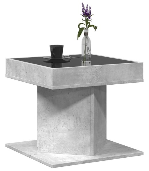 Betonszürke szerelt fa dohányzóasztal LED-del 50 x 50 x 45 cm