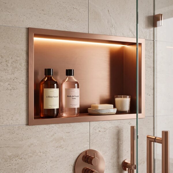 Süllyesztett fürdőszobai polc LED 30x45 brush copper