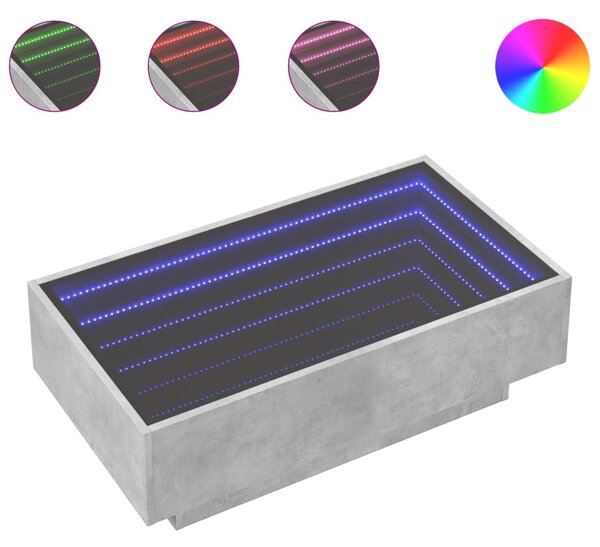Betonszürke szerelt fa dohányzóasztal LED-del 90 x 50 x 30 cm