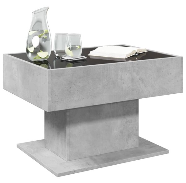 Betonszürke szerelt fa dohányzóasztal LED-del 70 x 50 x 45 cm