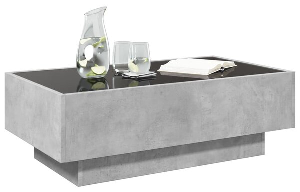 Betonszürke szerelt fa dohányzóasztal LED-del 90 x 50 x 30 cm