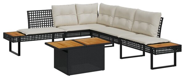 2 részes fekete polyrattan/akácfa kerti kanapészett párnákkal