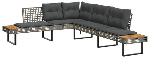 2 részes szürke polyrattan/akácfa kerti kanapészett párnákkal