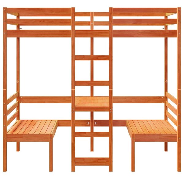 Barna fenyő galériaágy-keret asztallal és székekkel 90 x 175 cm