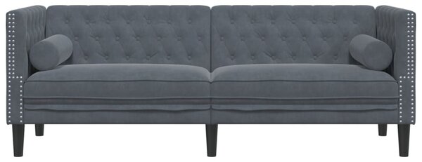 3 személyes sötétszürke bársony Chesterfield kanapé párnákkal