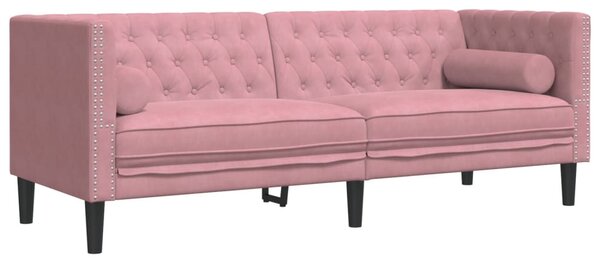 3 személyes rózsaszín bársony Chesterfield kanapé párnákkal