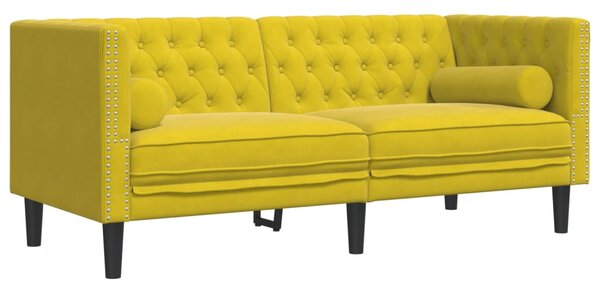 3 részes sárga bársony Chesterfield kanapészett hengerpárnákkal