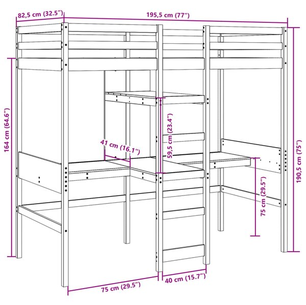 Viaszbarna tömör fenyő galériaágy-keret matrac nélkül 75x190 cm