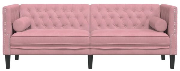 3 személyes rózsaszín bársony Chesterfield kanapé párnákkal