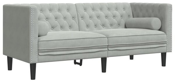 3 részes világosszürke bársony párnás Chesterfield kanapé szett