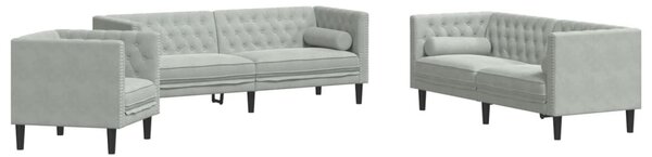 3 részes világosszürke bársony párnás Chesterfield kanapé szett