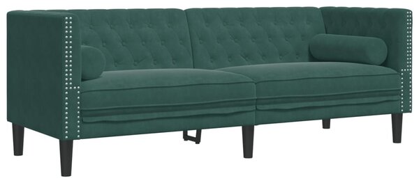 3 részes sötétzöld bársony Chesterfield kanapészett párnákkal