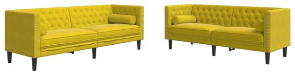 2 részes sárga bársony Chesterfield kanapészett hengerpárnákkal