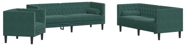 3 részes sötétzöld bársony Chesterfield kanapészett párnákkal