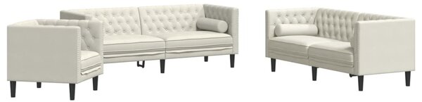 3 részes krémszínű bársony Chesterfield kanapészett párnákkal