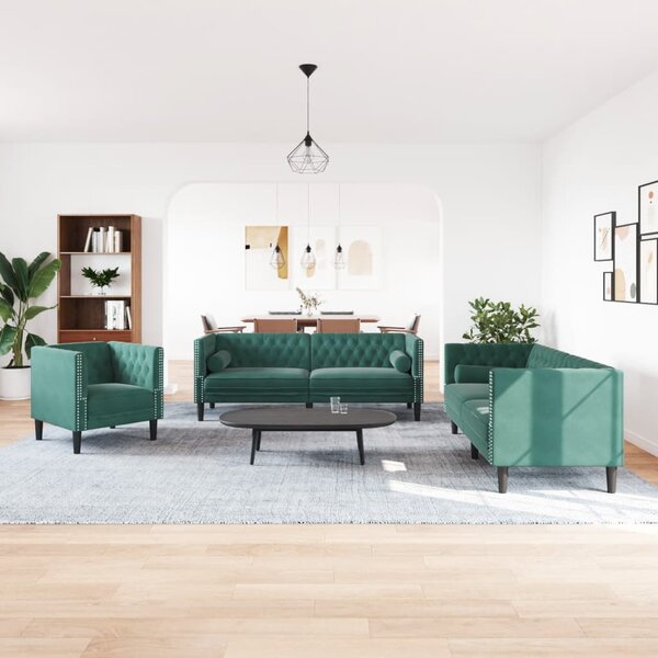 3 részes sötétzöld bársony Chesterfield kanapészett párnákkal