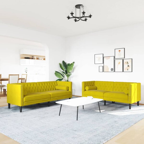 2 részes sárga bársony Chesterfield kanapészett hengerpárnákkal