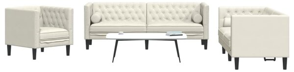 3 részes krémszínű bársony Chesterfield kanapészett párnákkal