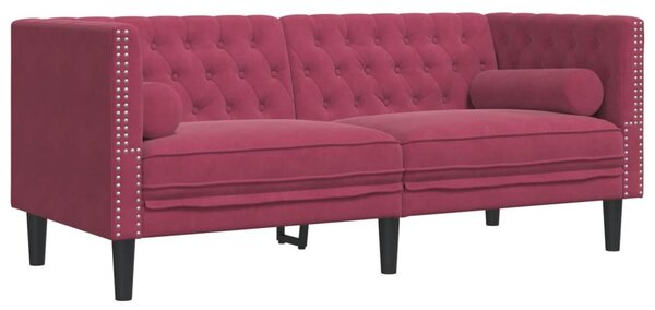 2 részes bordó bársony Chesterfield kanapészett hengerpárnákkal