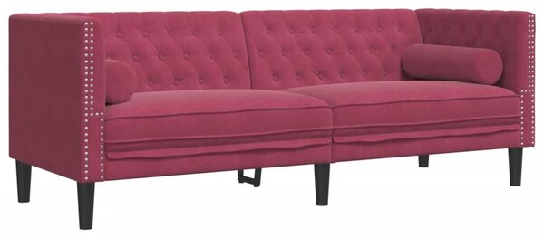 2 részes bordó bársony Chesterfield kanapészett hengerpárnákkal