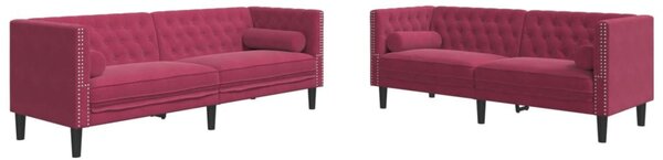 2 részes bordó bársony Chesterfield kanapészett hengerpárnákkal