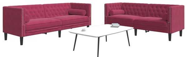 2 részes bordó bársony Chesterfield kanapészett hengerpárnákkal
