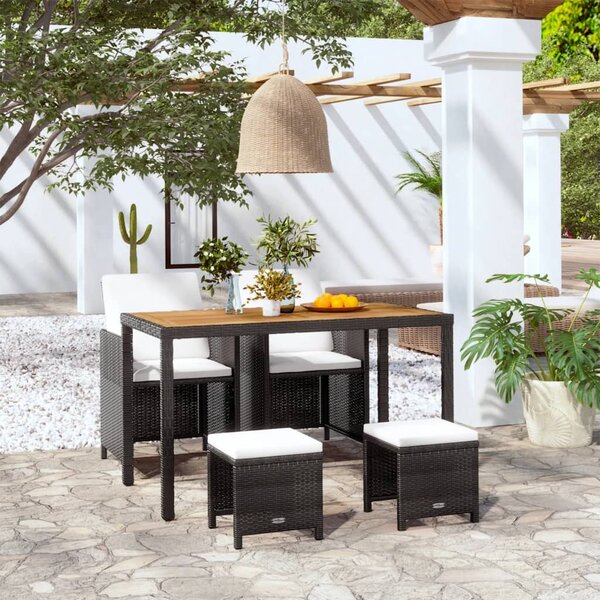 VidaXL 5 darabos fekete kültéri polyrattan és akácfa étkezőszett