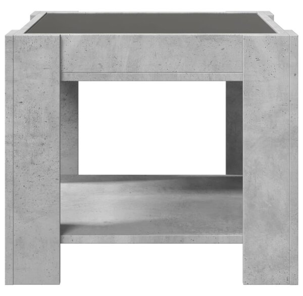 Betonszürke szerelt fa dohányzóasztal LED-del 53 x 53 x 45 cm