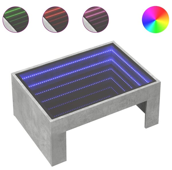 Betonszürke végtelen hatású LED-es dohányzóasztal 70x50x30 cm
