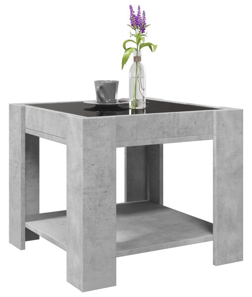 Betonszürke szerelt fa dohányzóasztal LED-del 53 x 53 x 45 cm
