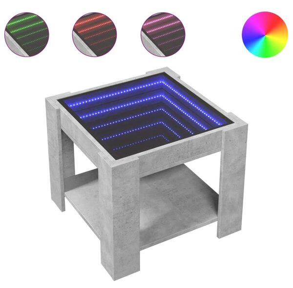 Betonszürke szerelt fa dohányzóasztal LED-del 53 x 53 x 45 cm