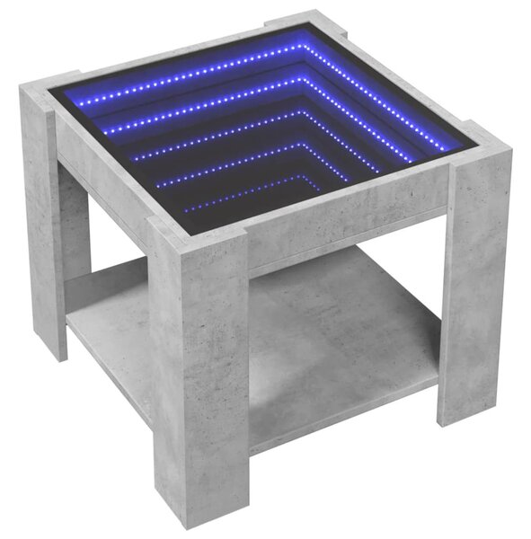 Betonszürke szerelt fa dohányzóasztal LED-del 53 x 53 x 45 cm