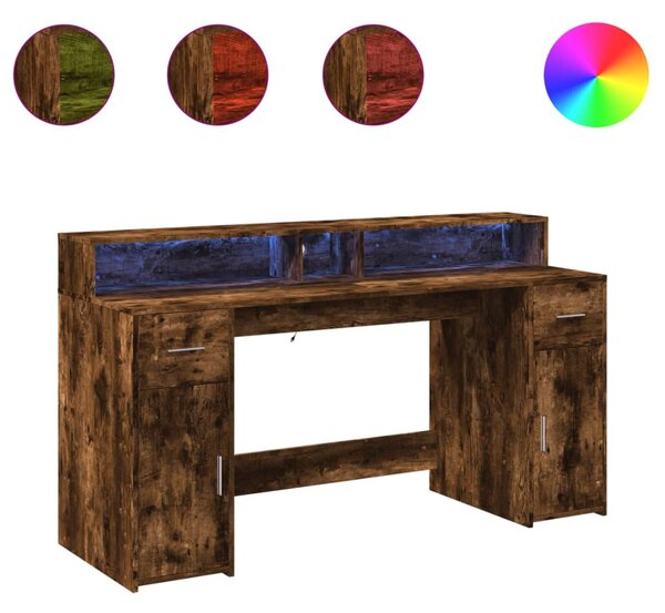 Füstös tölgy színű szerelt fa íróasztal LED-ekkel 160x55x91 cm