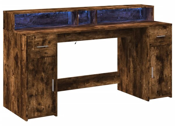 Füstös tölgy színű szerelt fa íróasztal LED-ekkel 160x55x91 cm